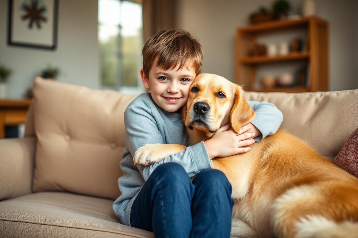 Criança abraçada com o cachorro da família no sofá