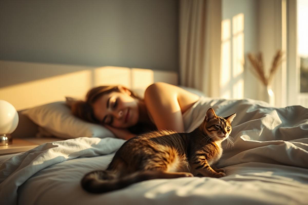 Mulher dormindo tranquila ao lado do seu gato